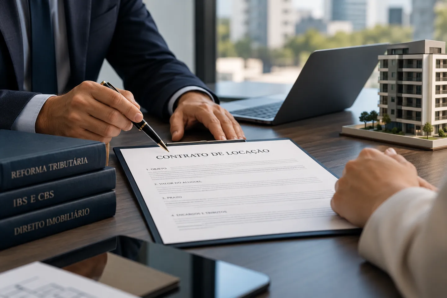 Análise de contrato de locação comercial e documentos de imóvel em reunião profissional