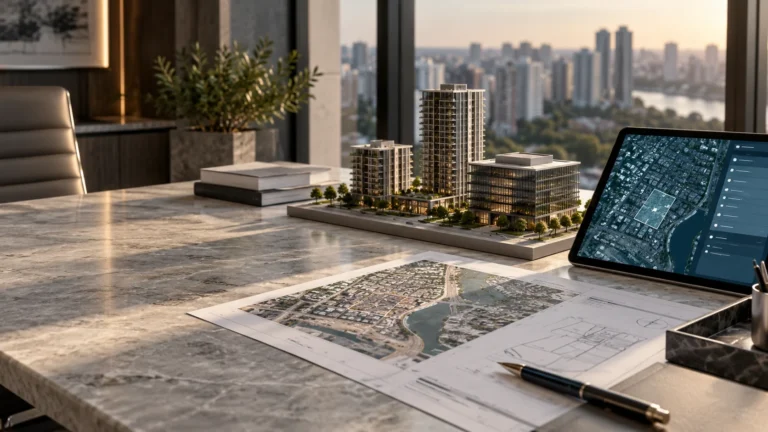 Maquete de empreendimento, mapa cadastral e sistema digital representando o CIB do imóvel.