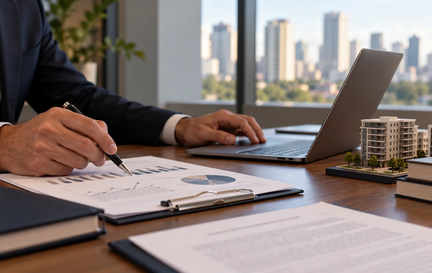 Profissional avalia gráficos financeiros de uma carteira de imóveis ao lado de maquetes de edifícios