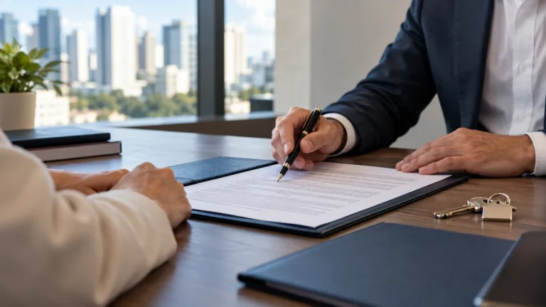 Profissionais analisam contrato imobiliário sobre uma mesa com vista de edifícios ao fundo