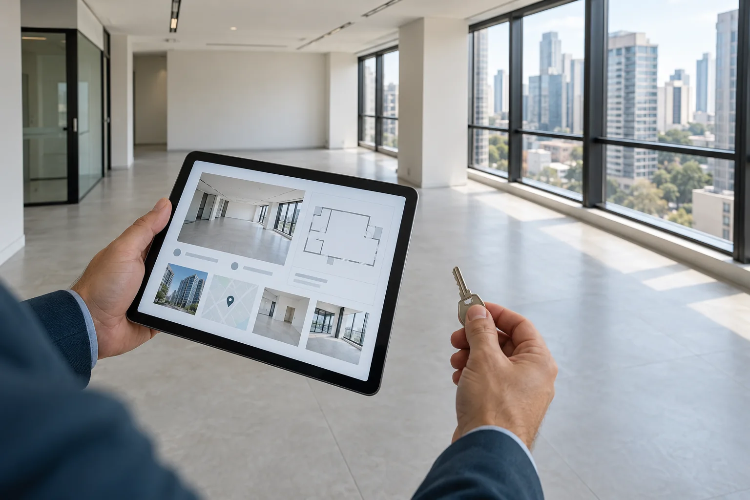 Gestor consulta em tablet os dados de uma sala comercial durante visita ao imóvel.